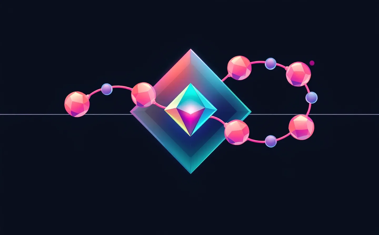 Bold poster illustration of an abstract nine-bead peptide chain clasping a central mint zinc node with four bonds, on a deep ink ground with a diagonal violet accent band